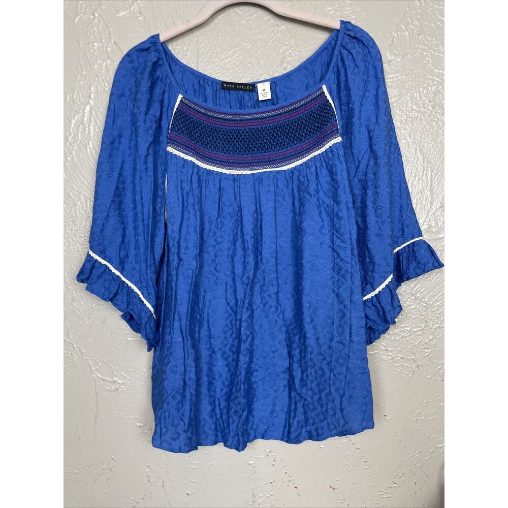 Napa Valley Size Medium Embroidered  Blue Shirt‎ Top Blouse 3/4 Sleeve